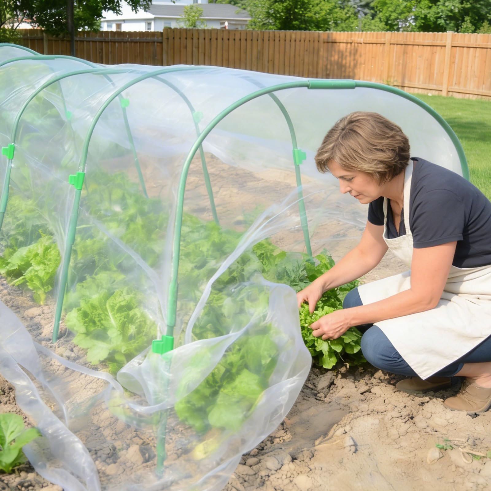 Luborn clip system secures plant covers to hoops for stable protection.