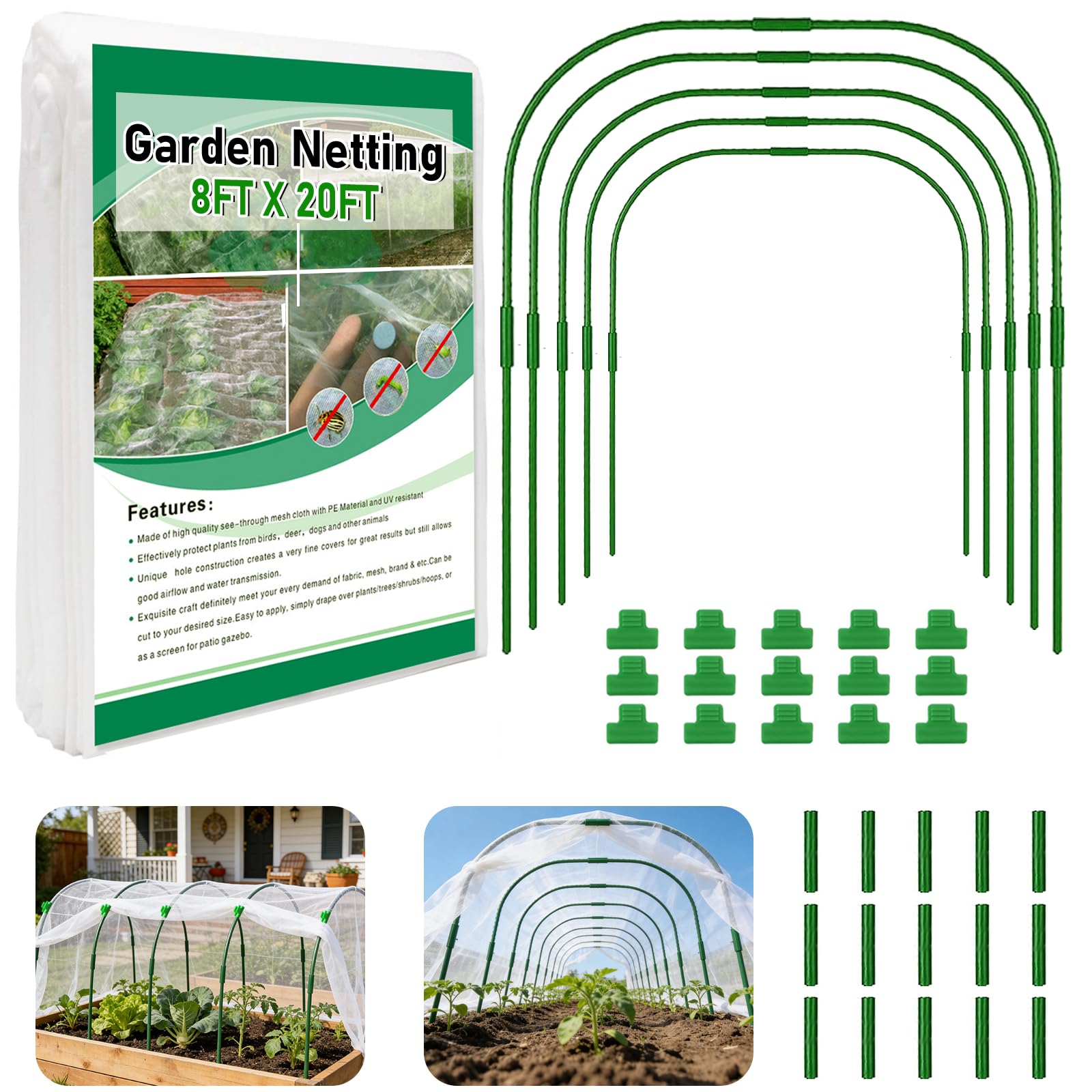 Luborn garden netting kit 8x20ft protects raised beds from pests with fine mesh.