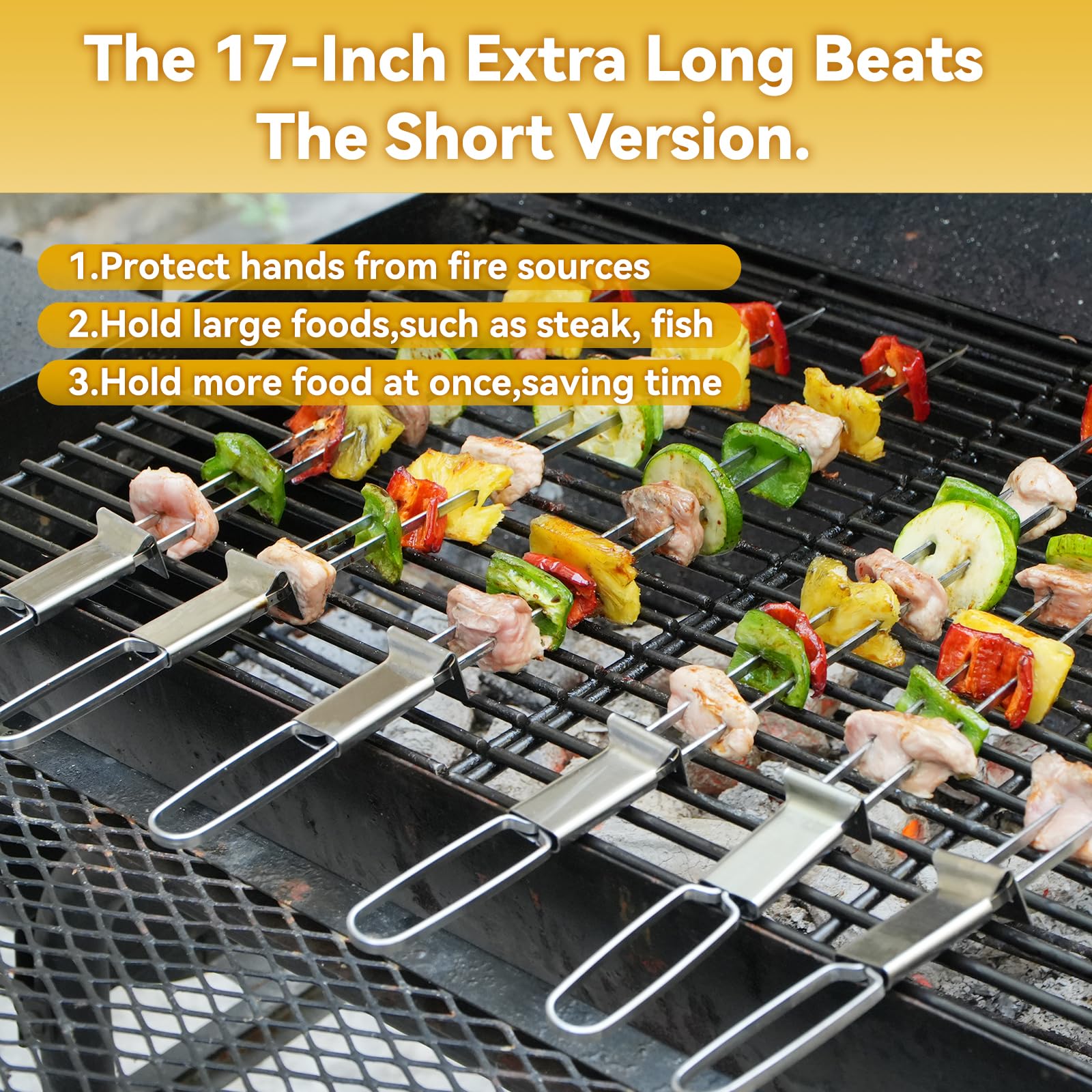 Lucalda even-cooking flat skewers improve heat distribution.