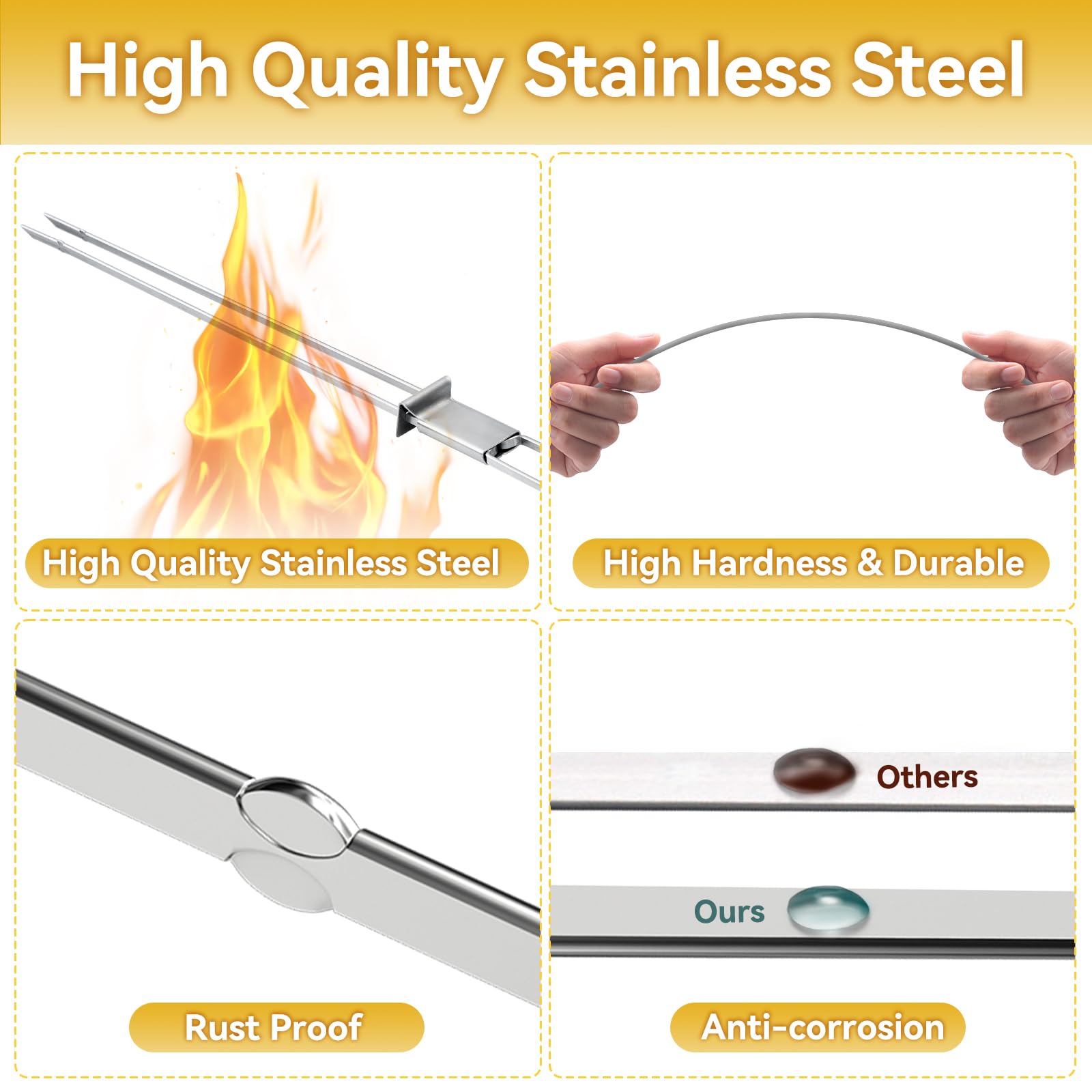 Lucalda premium stainless steel skewers resist corrosion for long life.