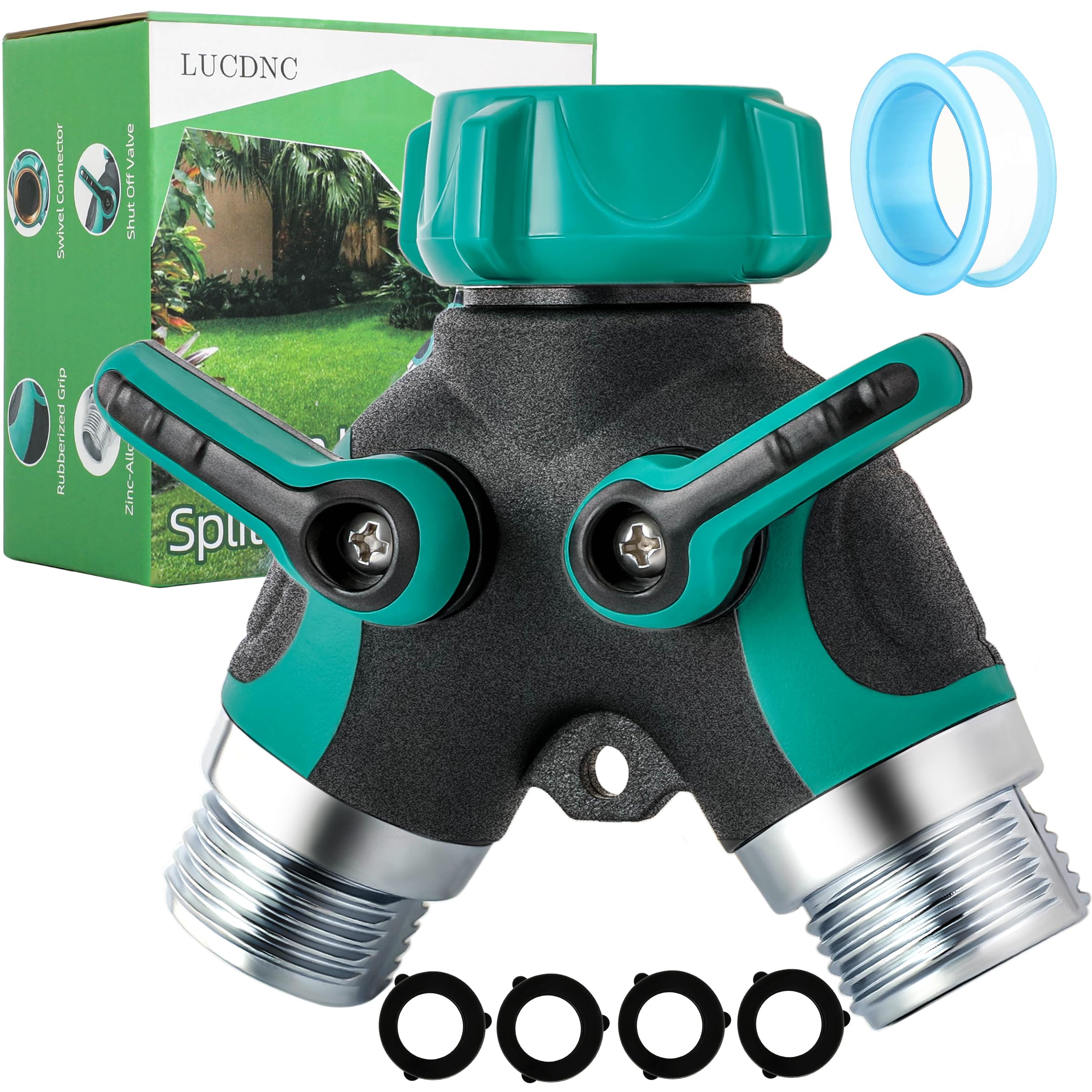 LUCDNC garden hose splitter 2-way with independent valves for simultaneous watering tasks.