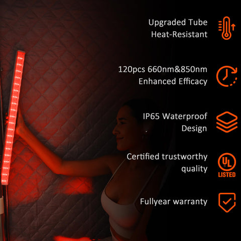 Lucear red light panel on sauna backrest targets shoulders and back muscles