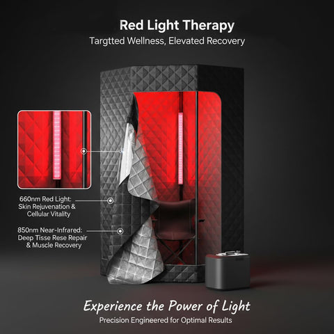 Lucear red light panel mounted in sauna shows dual wavelengths for deeper wellness sessions