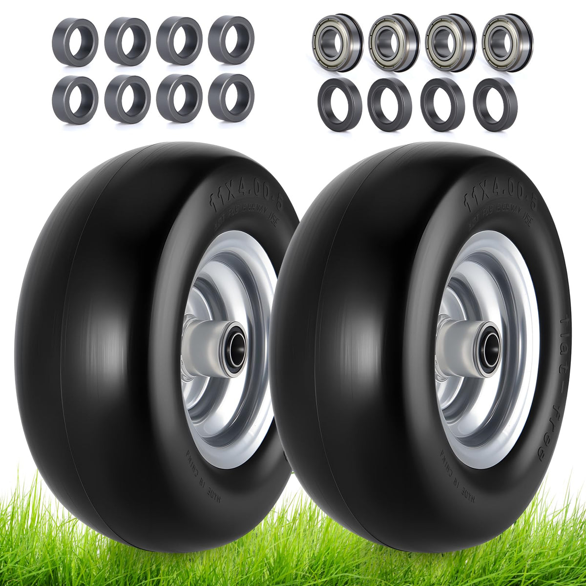 Lucky Seven 11x4-5 flat-free tire side view showing puncture-resistant design.