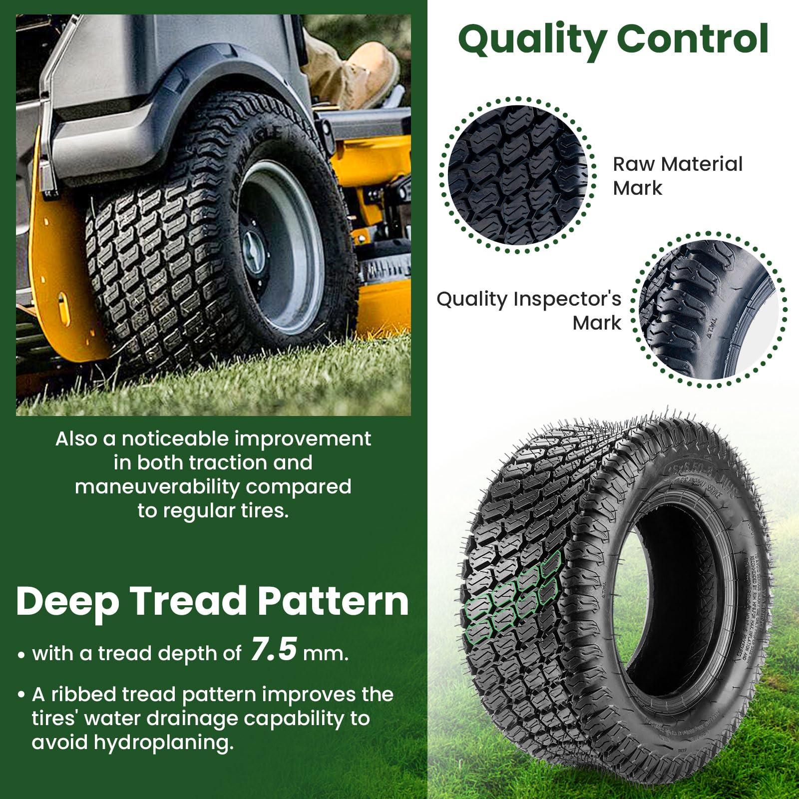 Lucky Seven 16x6.50-8 tire on garden tractor demonstrates stable ride