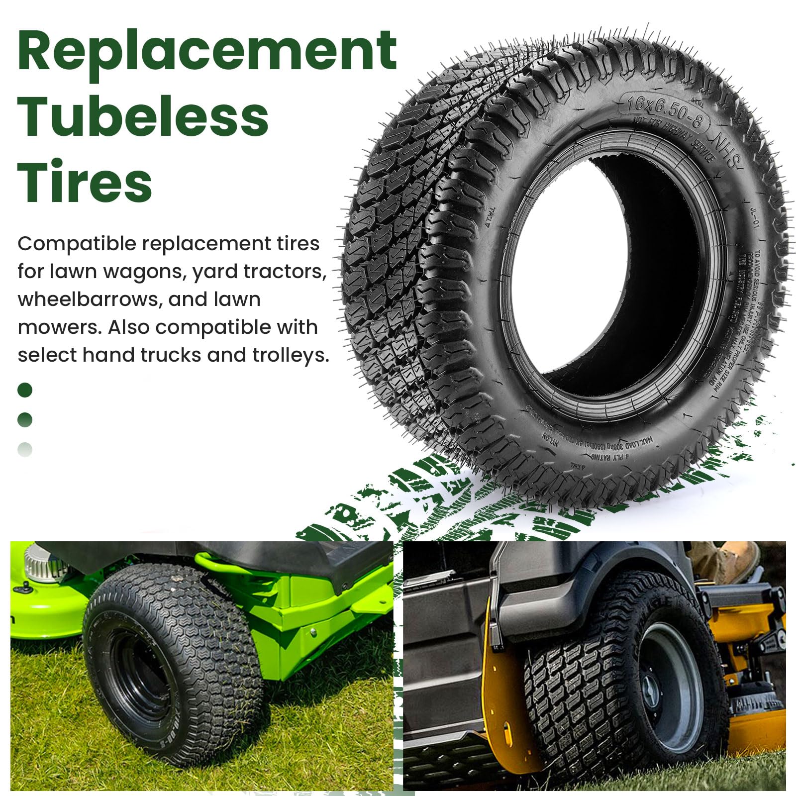 Lucky Seven 16x6.50-8 tread closeup shows turf-friendly pattern for lawns