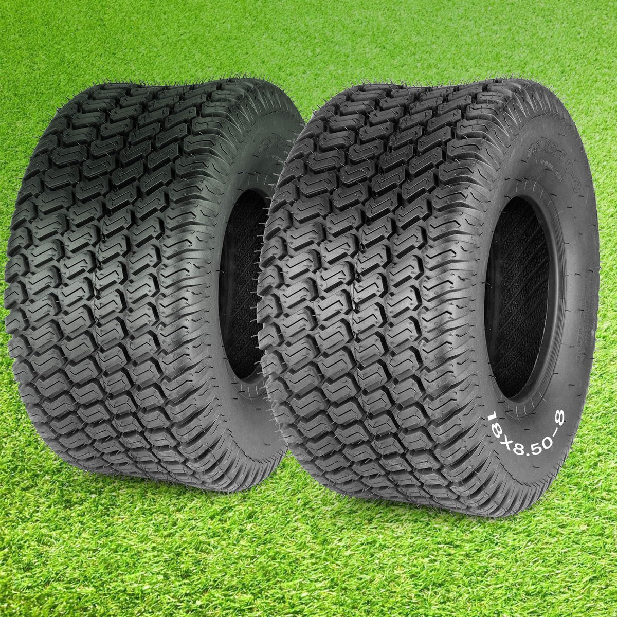 Lucky Seven 18x8.50-8 tire side view showcases tubeless durability for heavy-duty mowing