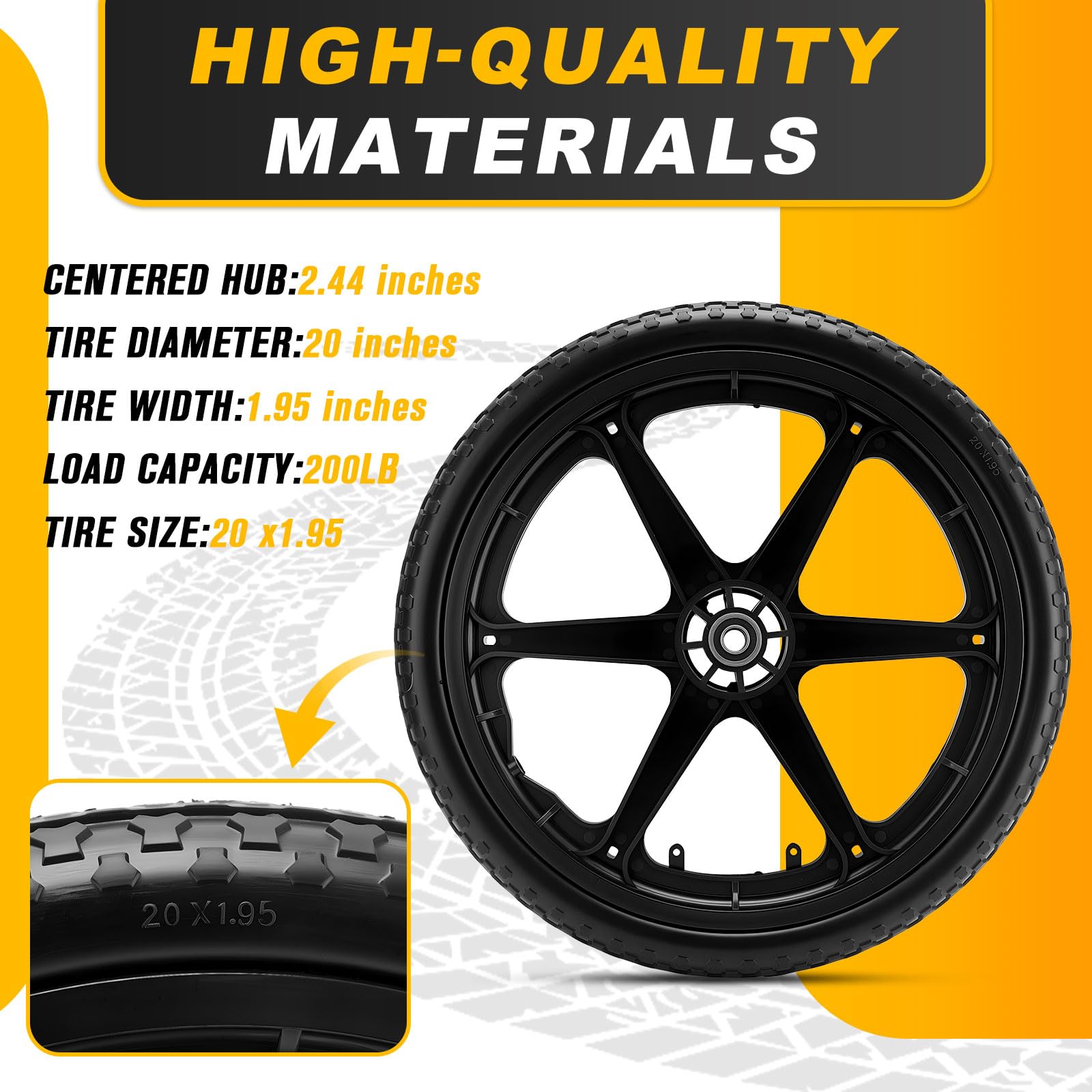 Lucky Seven 20-inch wheel compatibility image shows versatile fit for wheelbarrows and carts.