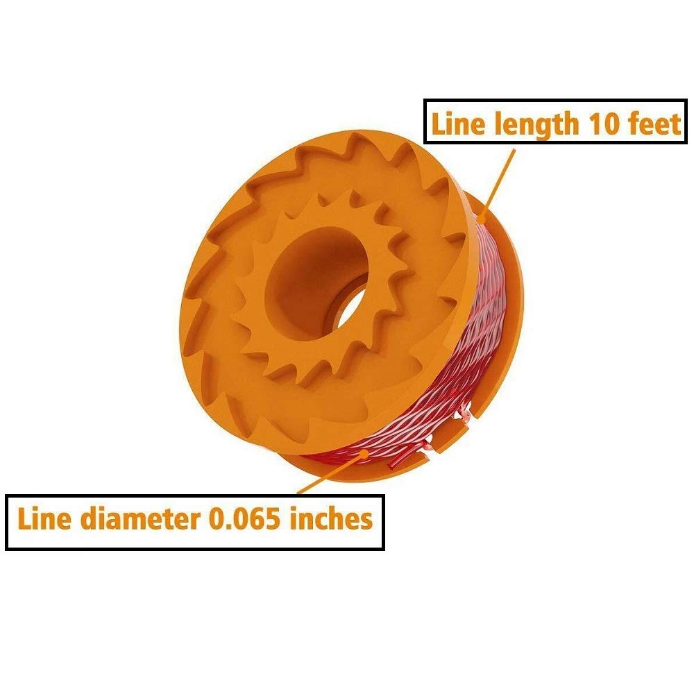 Red trimmer line clearly visible on bright orange spool.
