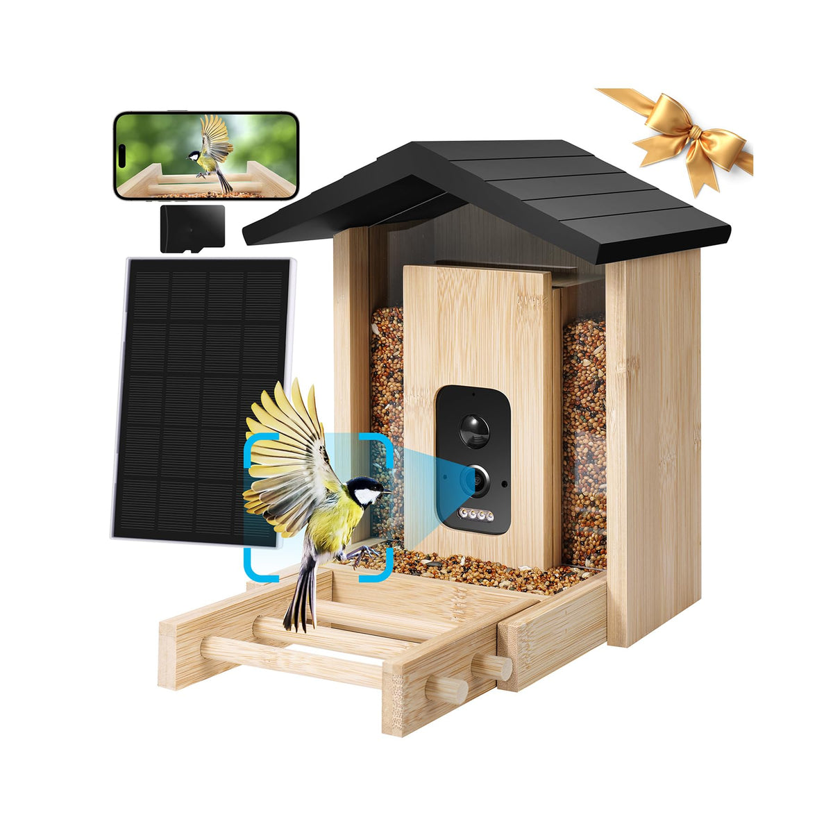 LUCKY NAVI smart bird feeder front view with dual seed bins for diverse visits
