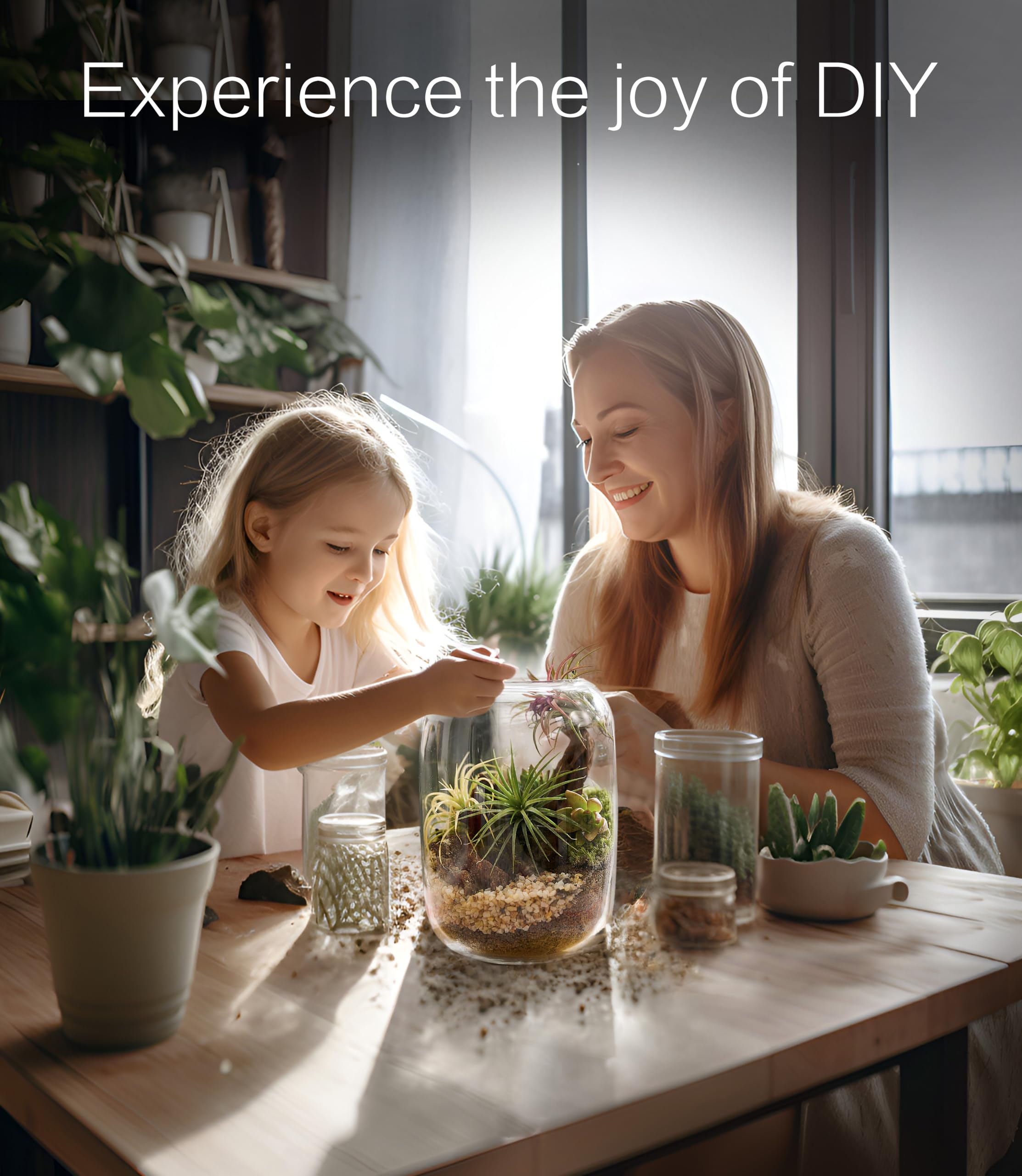 LuckyRunes Terrarium Kit LED grow light brightens the display for nighttime viewing.
