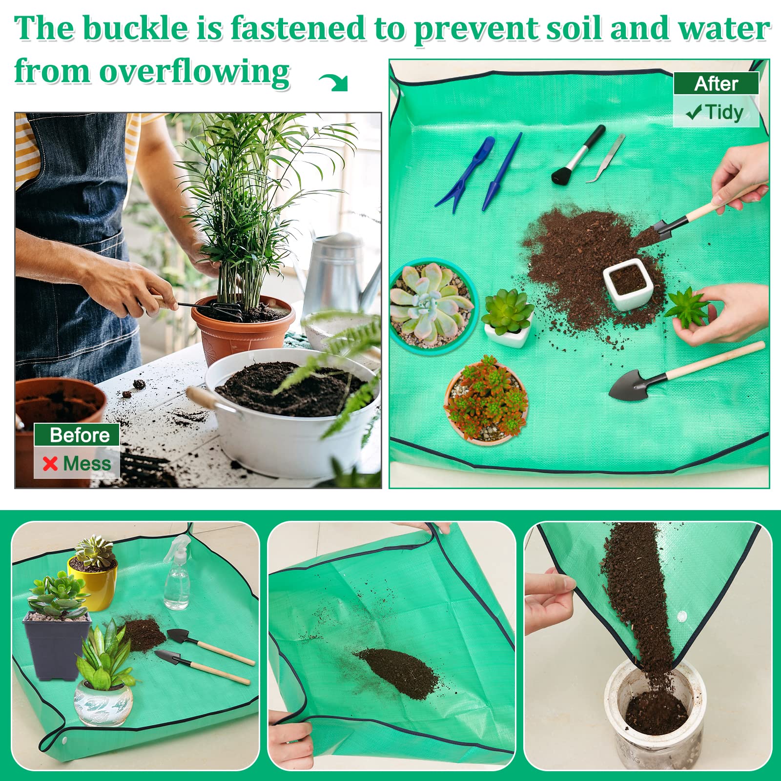Lucomb repotting mat waterproof coating keeps spills contained during indoor gardening tasks.