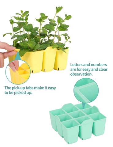 LUVCOSY seed starter tray 8-pack color variety highlights ice cyan, green, orange, yellow.