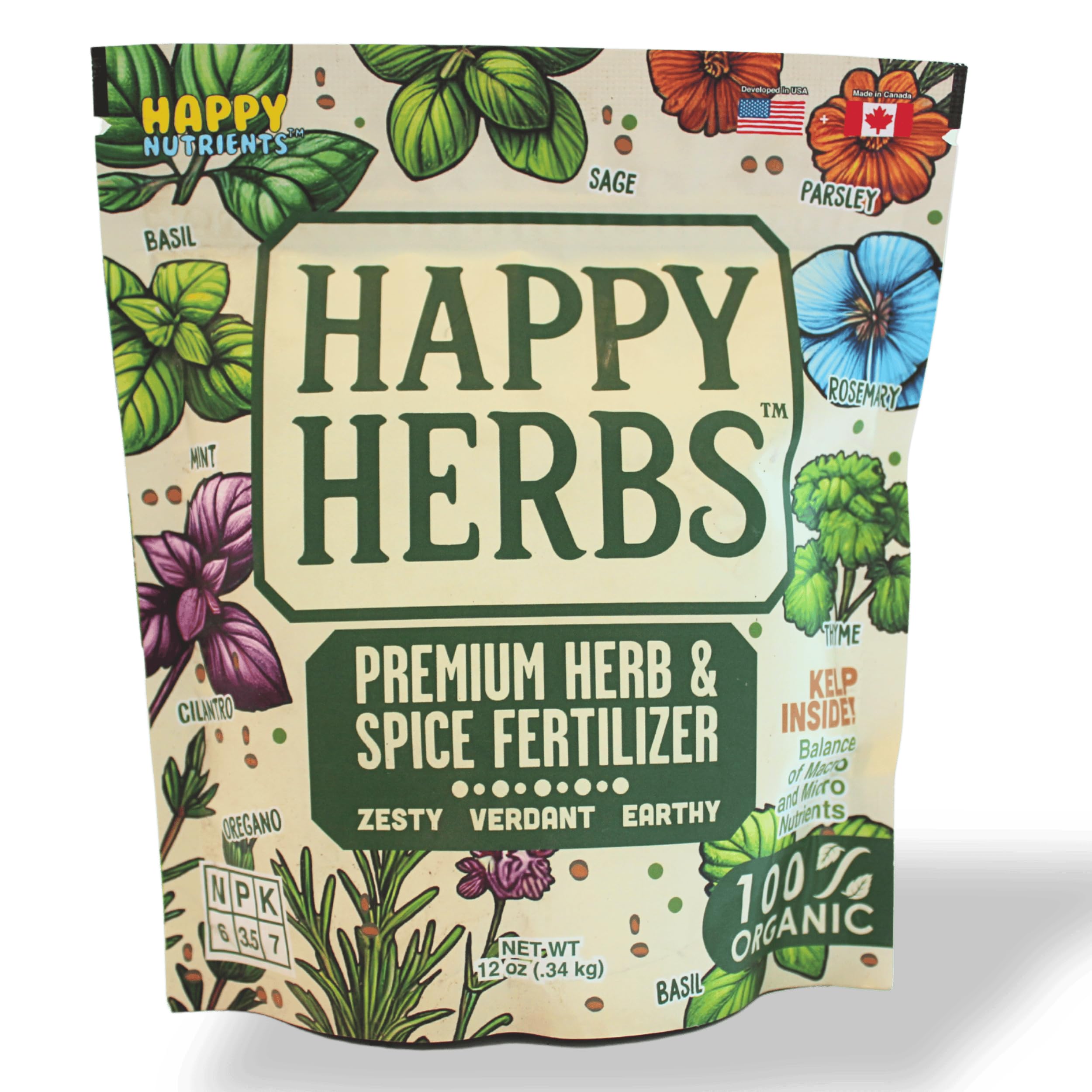 Ludicrous Nutrients Happy Herbs organic fertilizer packaging for home gardens.