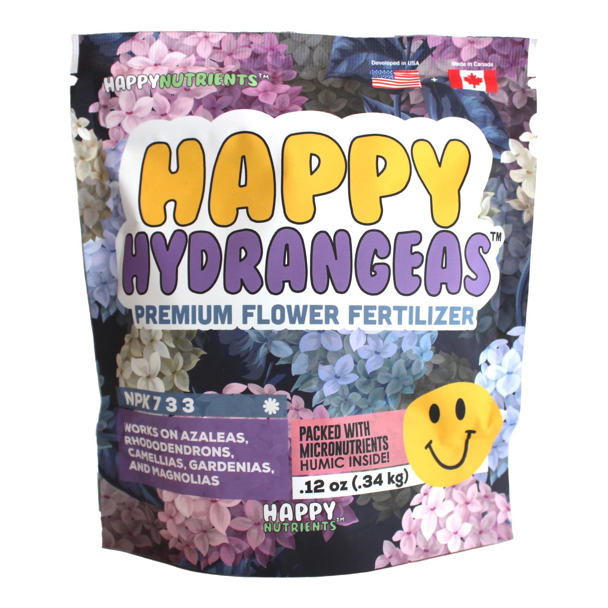 Ludicrous Nutrients Happy Hydrangeas Fertilizer bag showing balanced 7-3-3 blend for acid-loving plants.