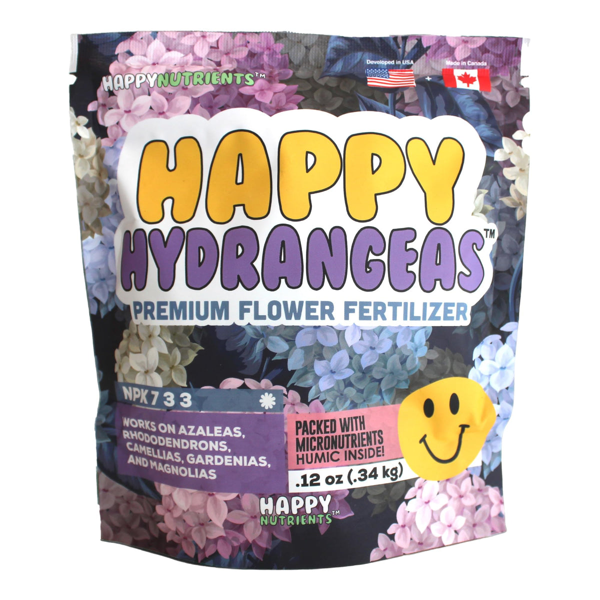 Ludicrous Nutrients Happy Hydrangeas Fertilizer bag showing balanced 7-3-3 blend for acid-loving plants.