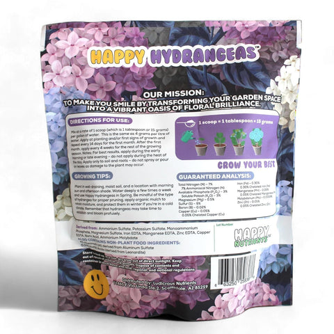 Ludicrous Nutrients Happy Hydrangeas Fertilizer pouring measuring spoon demonstrates easy dosing for home gardens.