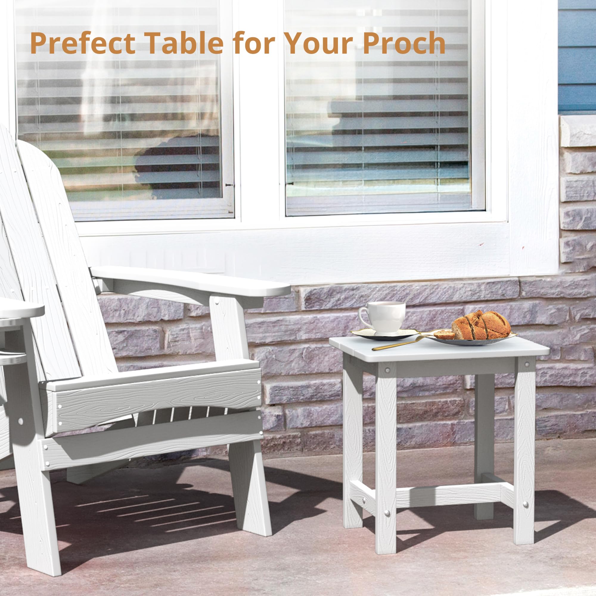 LUE BONA outdoor side table compact size fits beside seating on a patio.