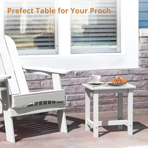 LUE BONA outdoor side table compact size fits beside seating on a patio.