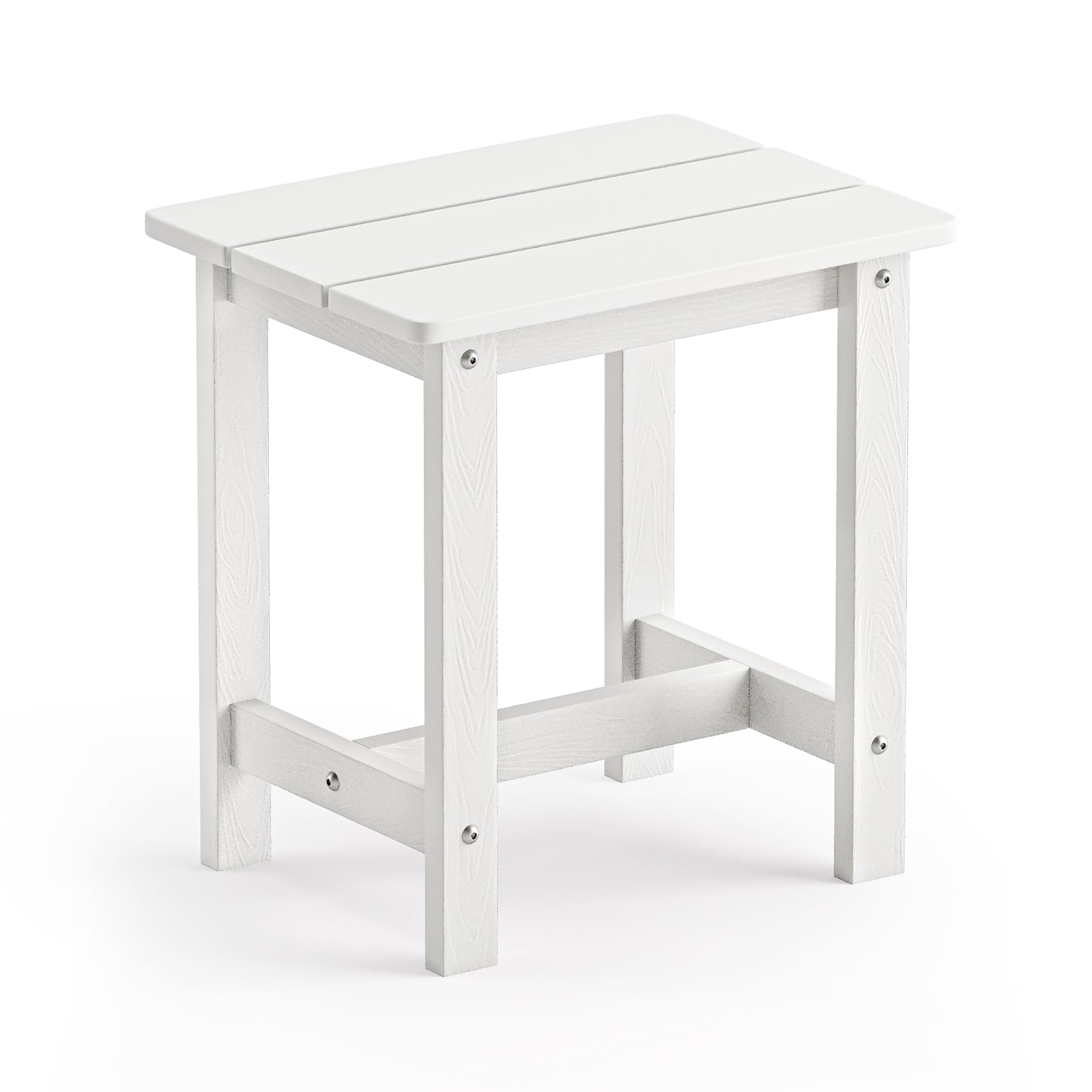 LUE BONA outdoor side table with weather-resistant white finish beside a chair on a patio.