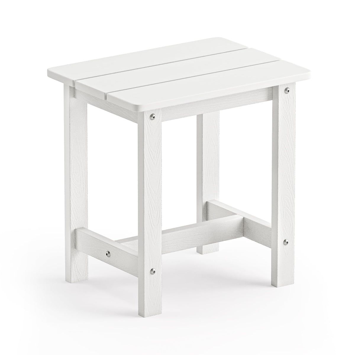 LUE BONA outdoor side table with weather-resistant white finish beside a chair on a patio.