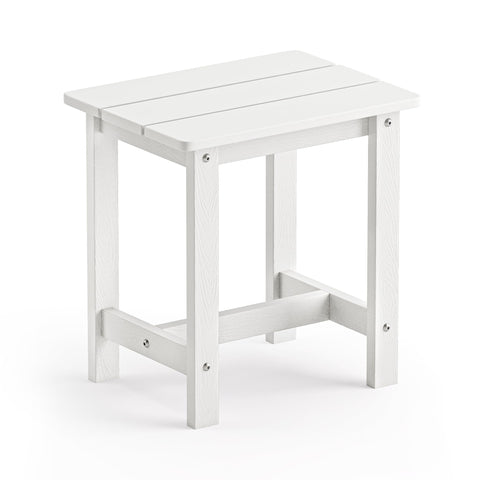 LUE BONA outdoor side table with weather-resistant white finish beside a chair on a patio.