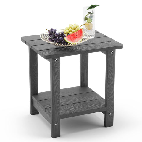 LUE BONA Adirondack outdoor side table top view with two-tier storage beside seating.