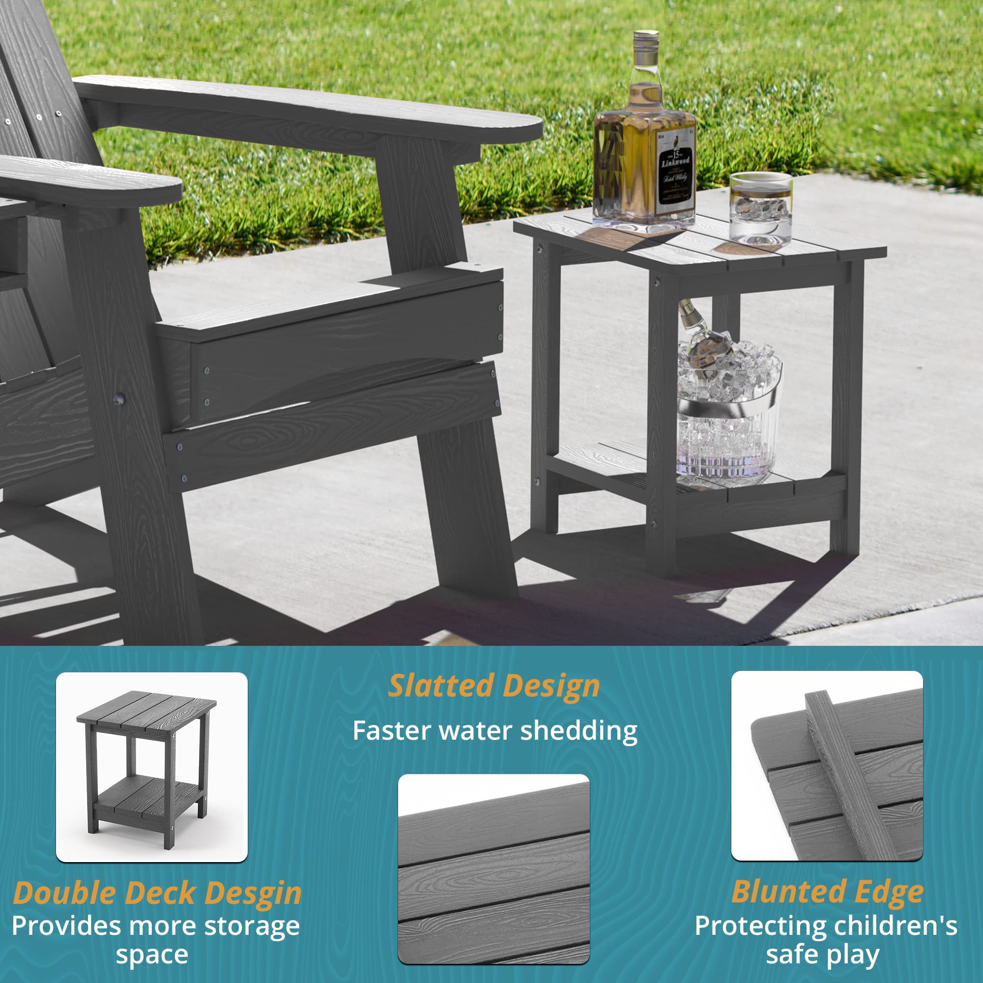 LUE BONA Adirondack table indoors as a living room end table or plant stand.