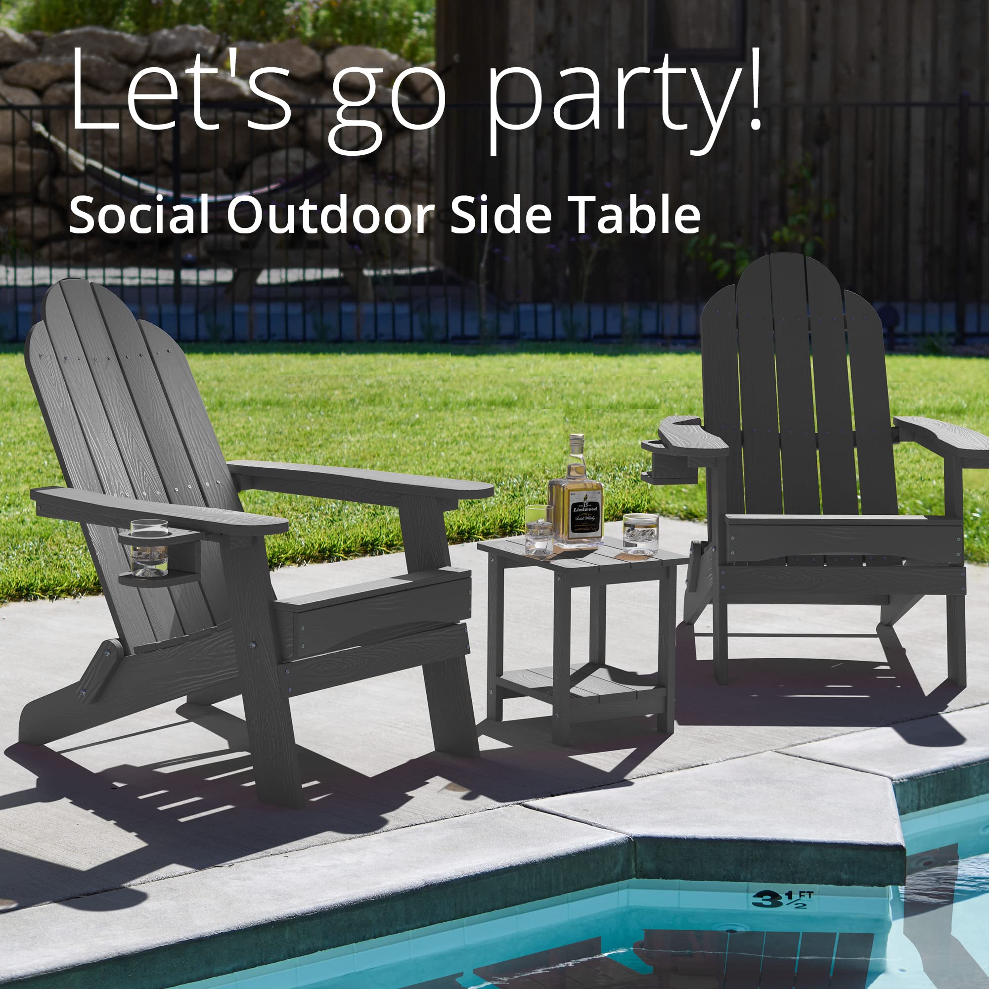 LUE BONA Adirondack table beside pool area demonstrating water-shedding clapboard top.
