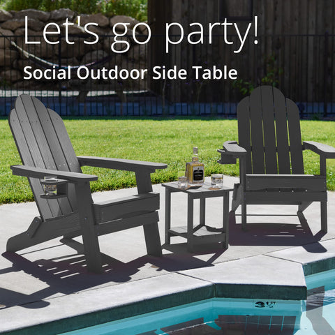 LUE BONA Adirondack table beside pool area demonstrating water-shedding clapboard top.