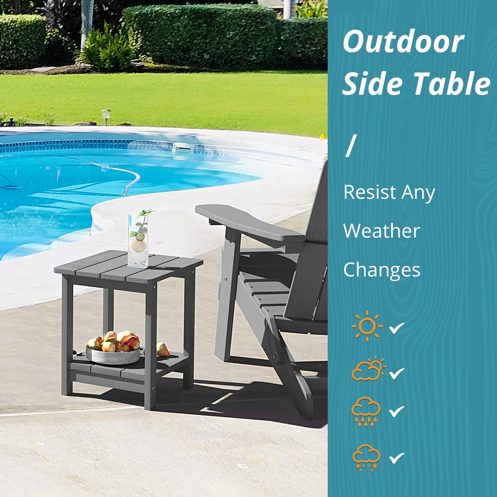 LUE BONA Adirondack table with lamp and beverages illustrating convenient patio organization.