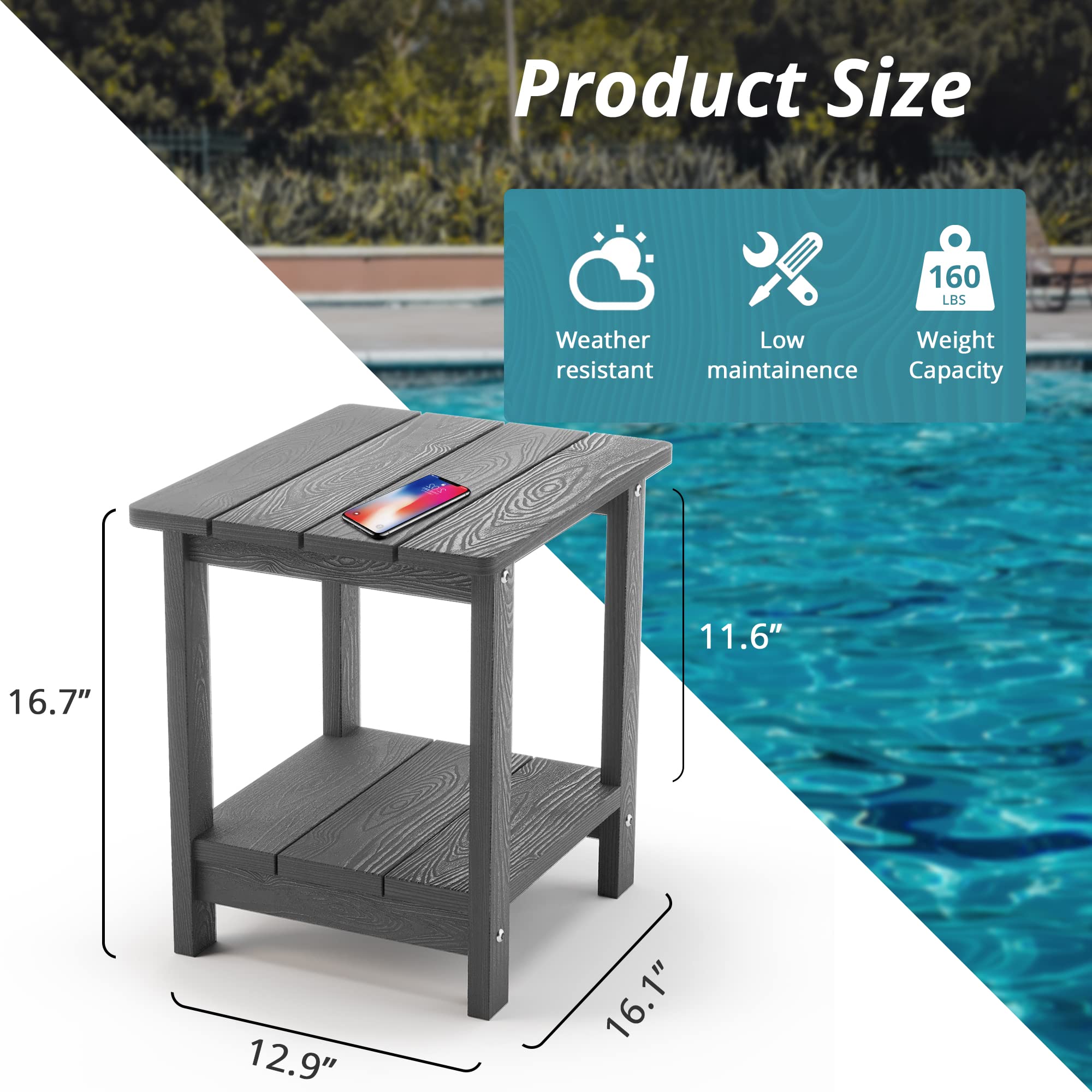 LUE BONA Adirondack table close-up highlighting stable construction and high weight capacity.