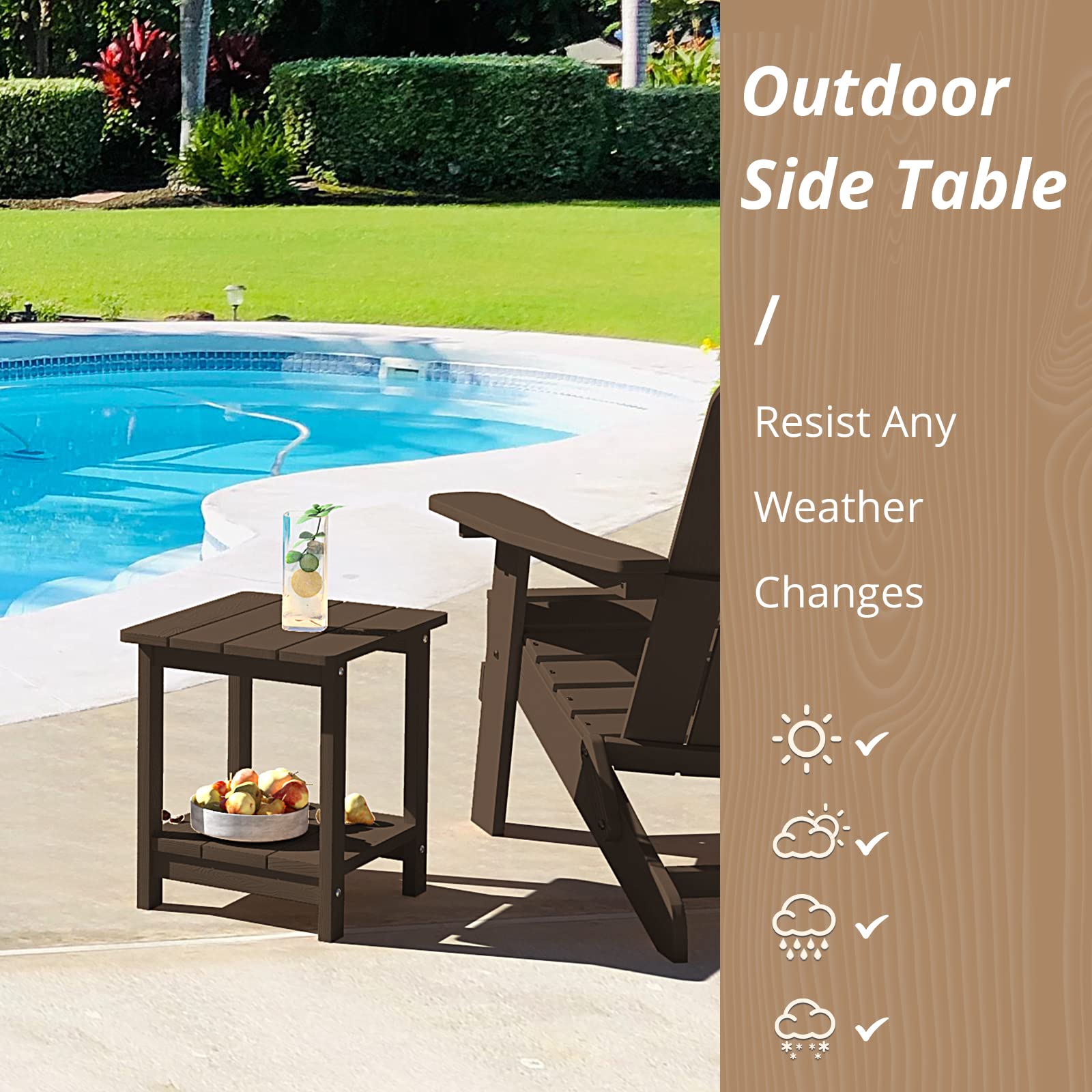 Front view of LUE BONA Adirondack outdoor table in a patio setting