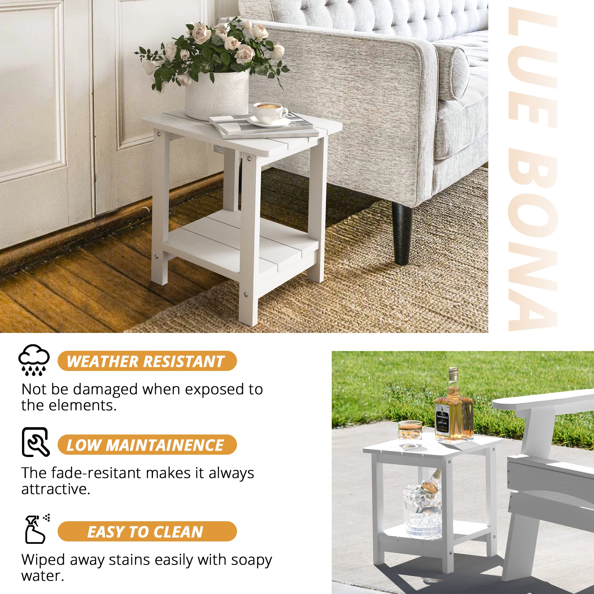 LUE BONA easy-assembly Adirondack table with 8 screws.