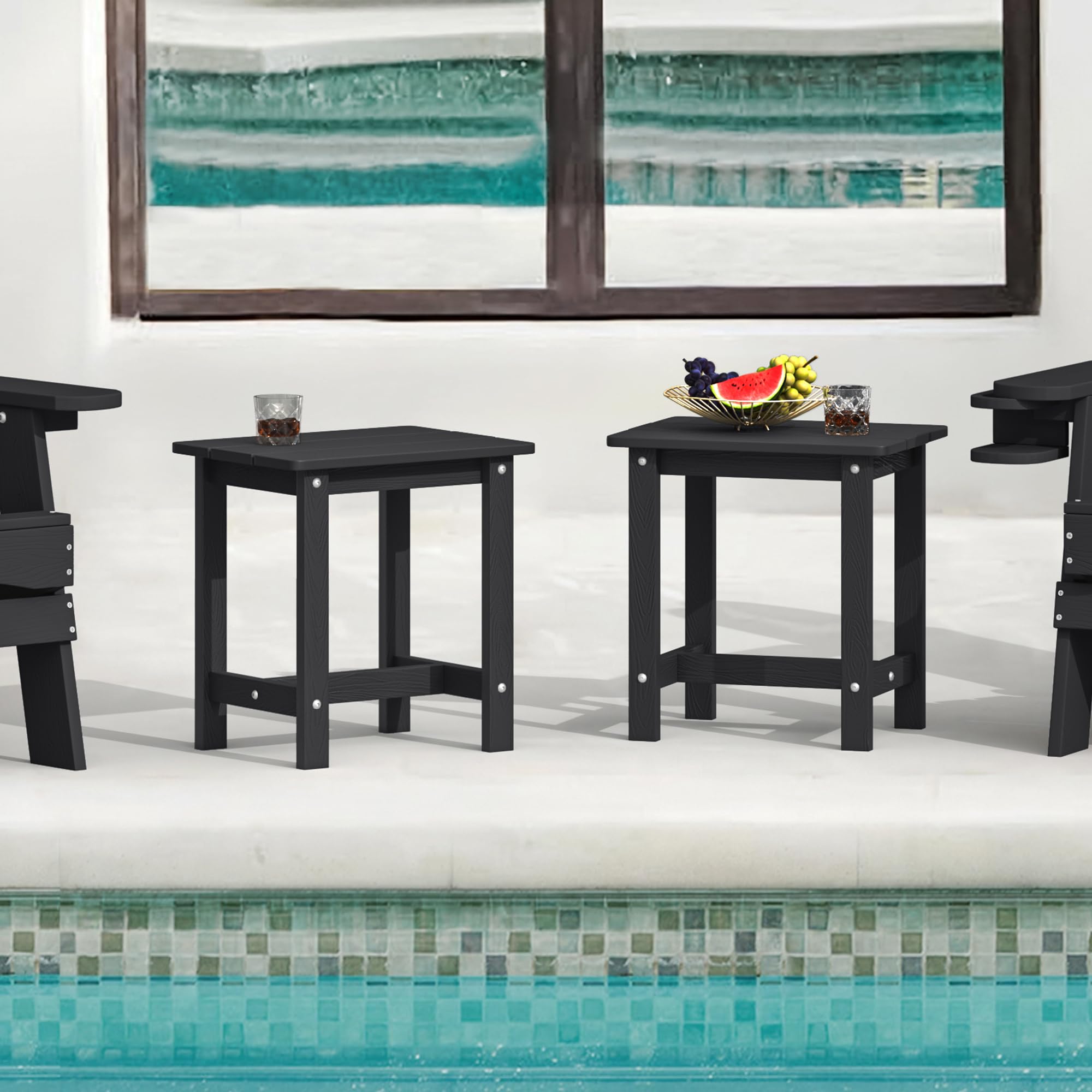 LUE BONA HDPS Adirondack end table beside a chair, durable and weather-ready.