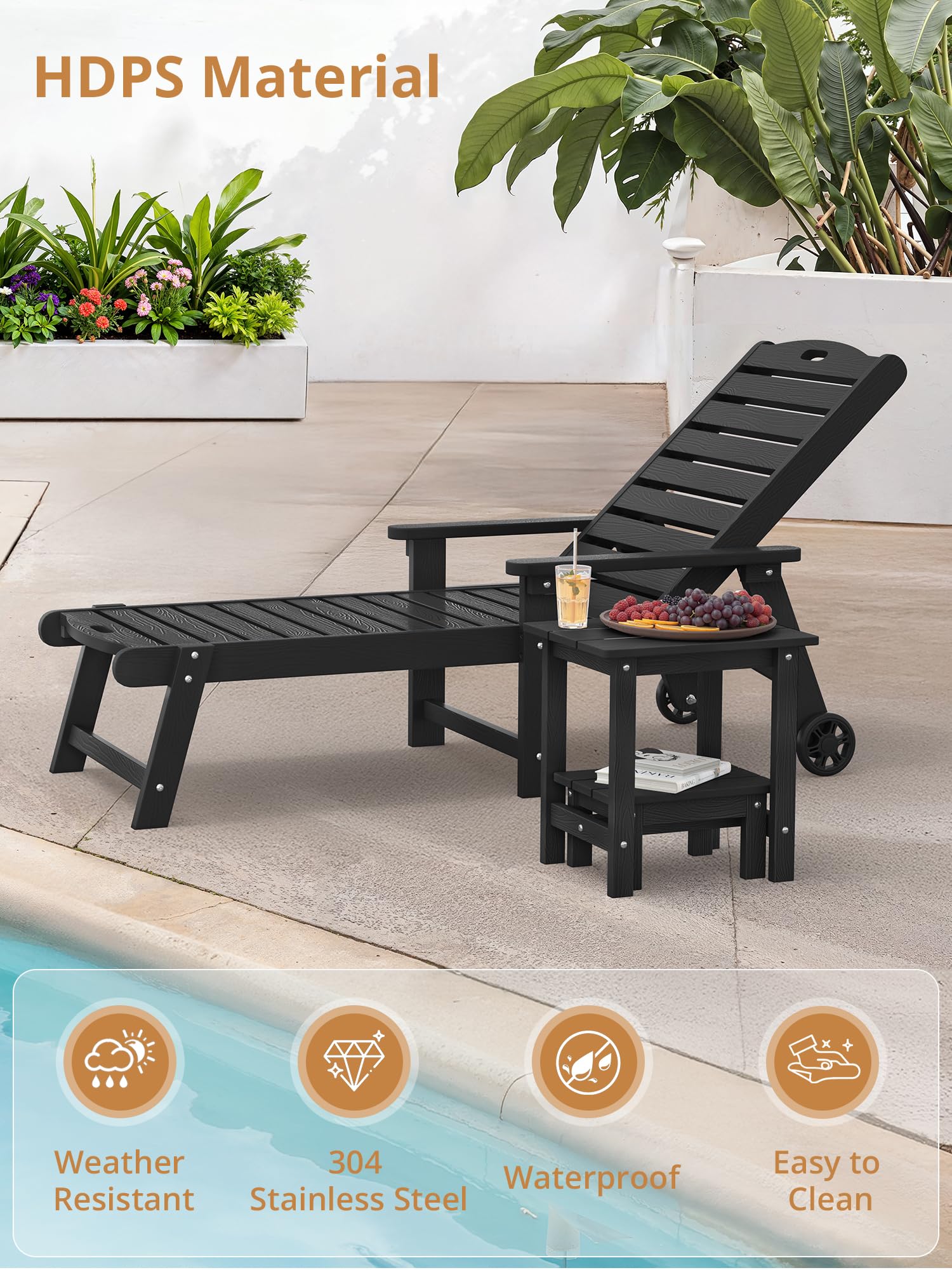 LUE BONA weather-resistant HDPS surface with wood-grain finish endures sun and rain