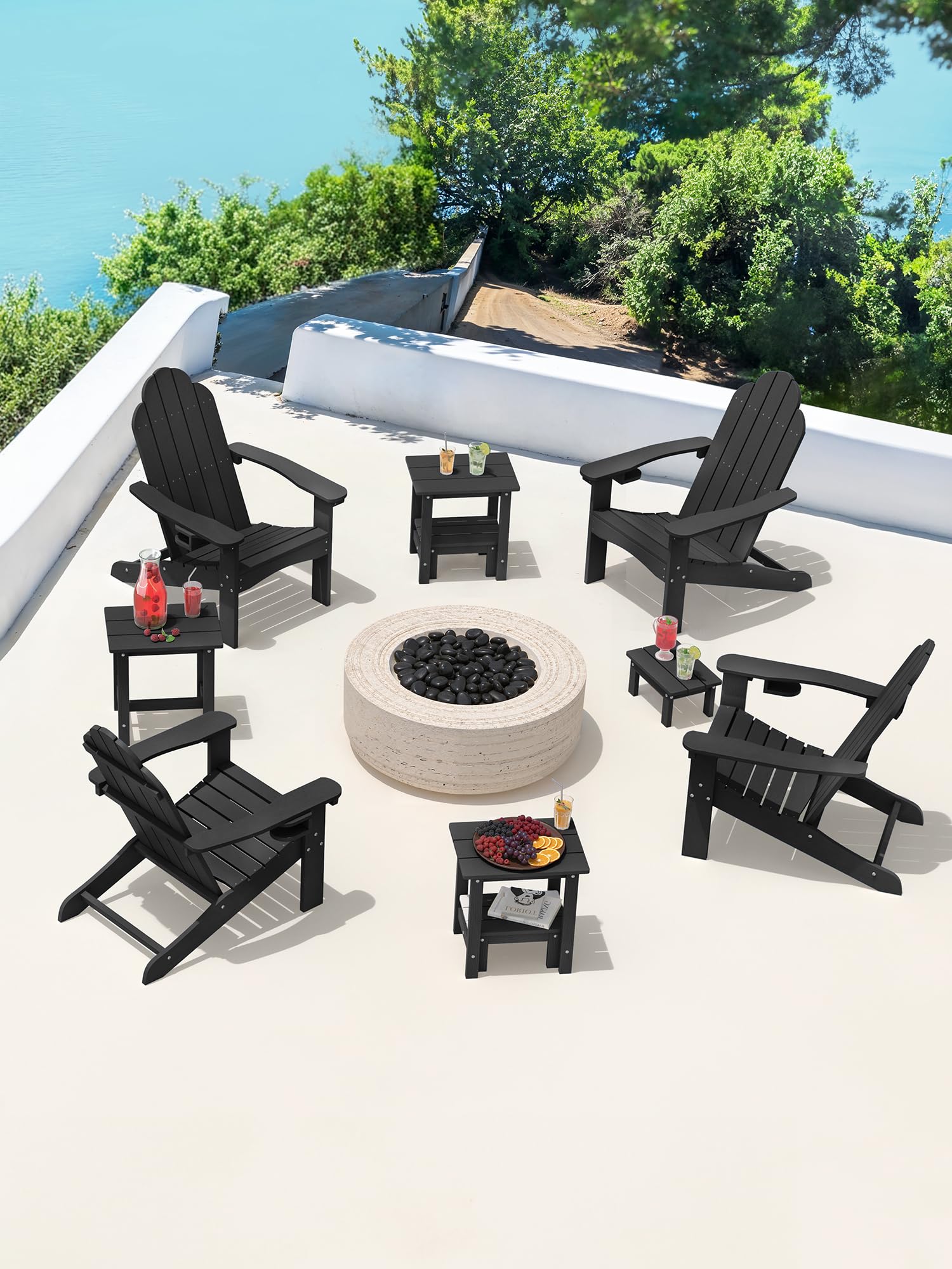 LUE BONA versatile end table shown indoors and outdoors