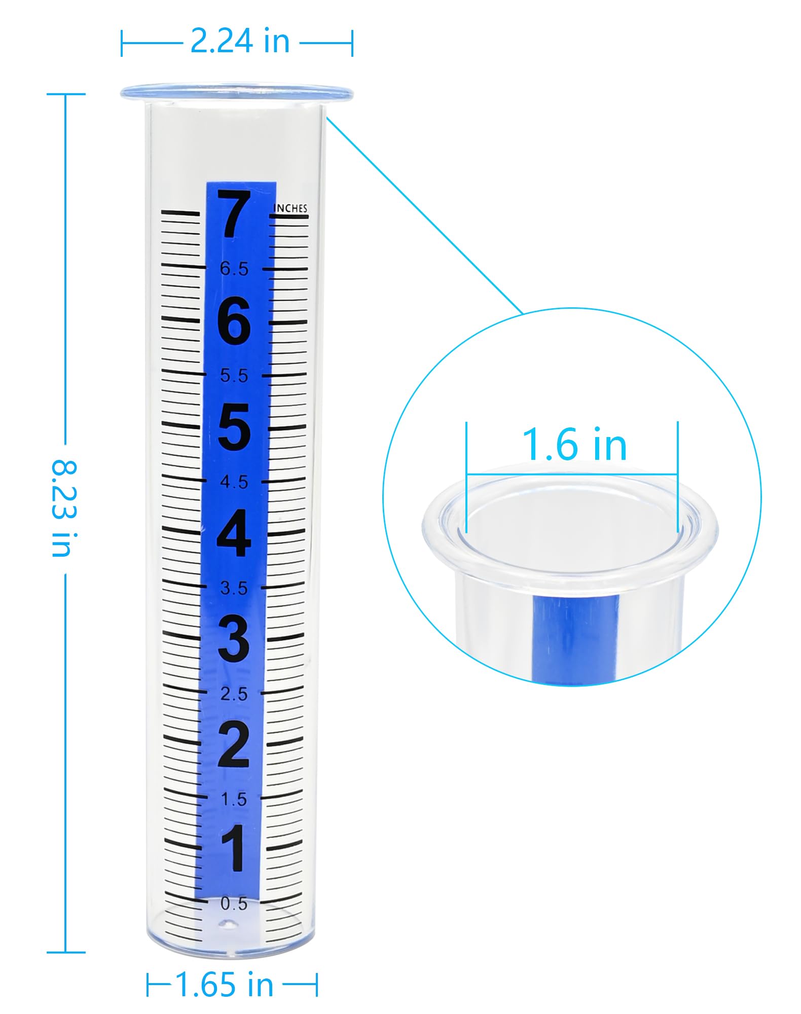 Lueudu rain gauge tube features large font and blue strip for easy readability.