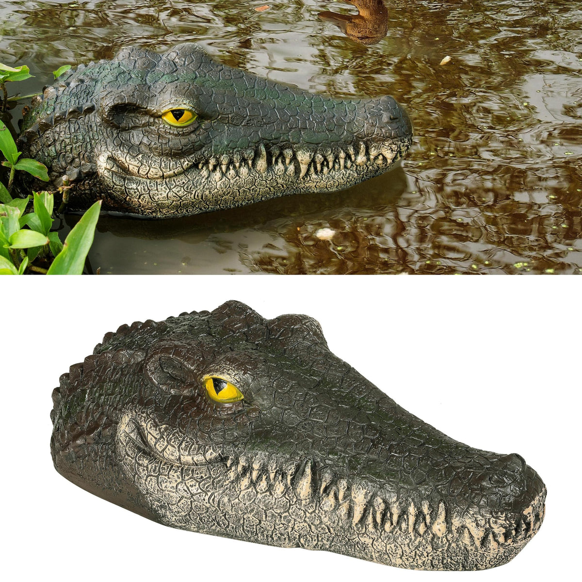 LUEUR Floating Alligator Head 13-inch close-up deters pond wildlife.