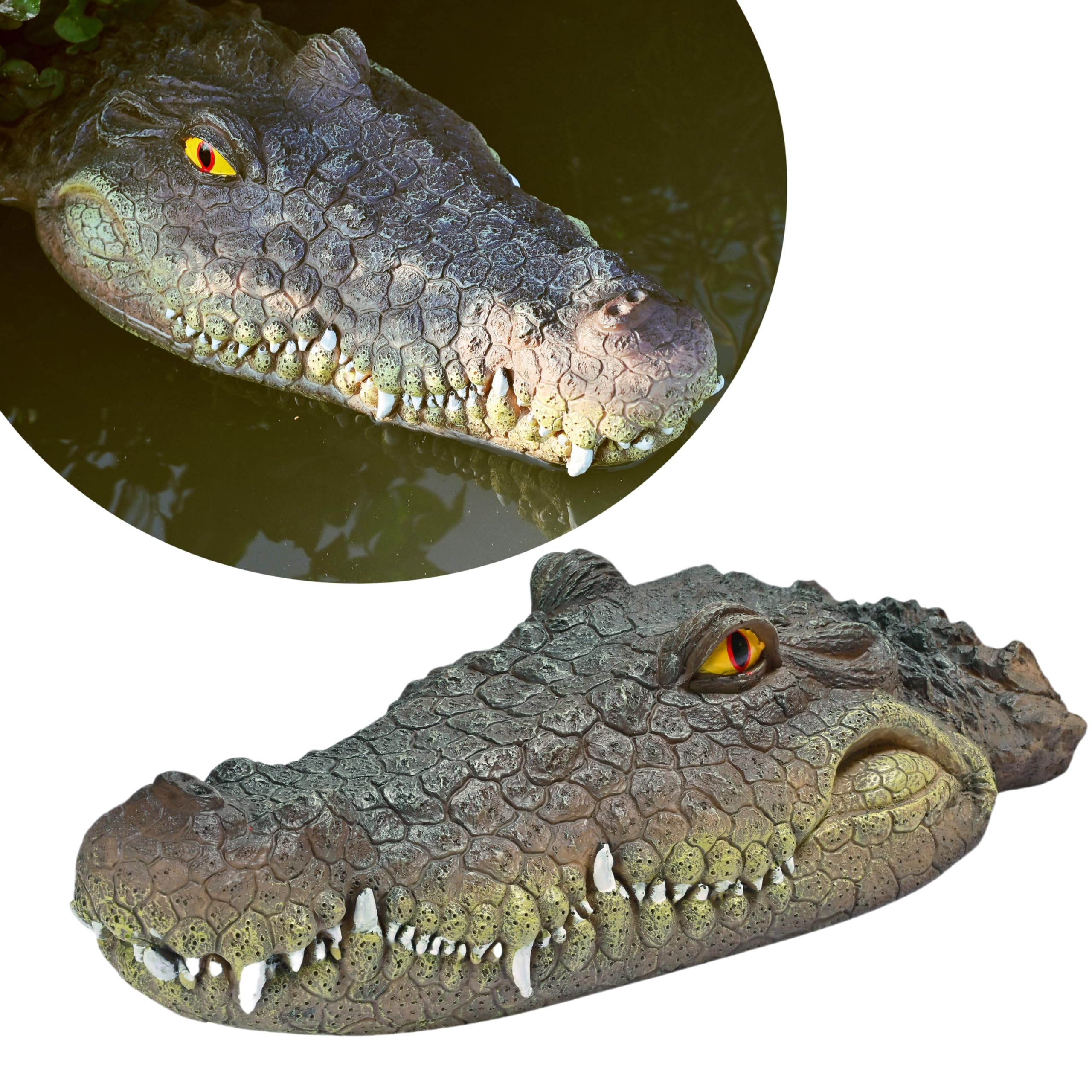 LUEUR floating alligator head decoy for ponds deters birds while enhancing outdoor decor.