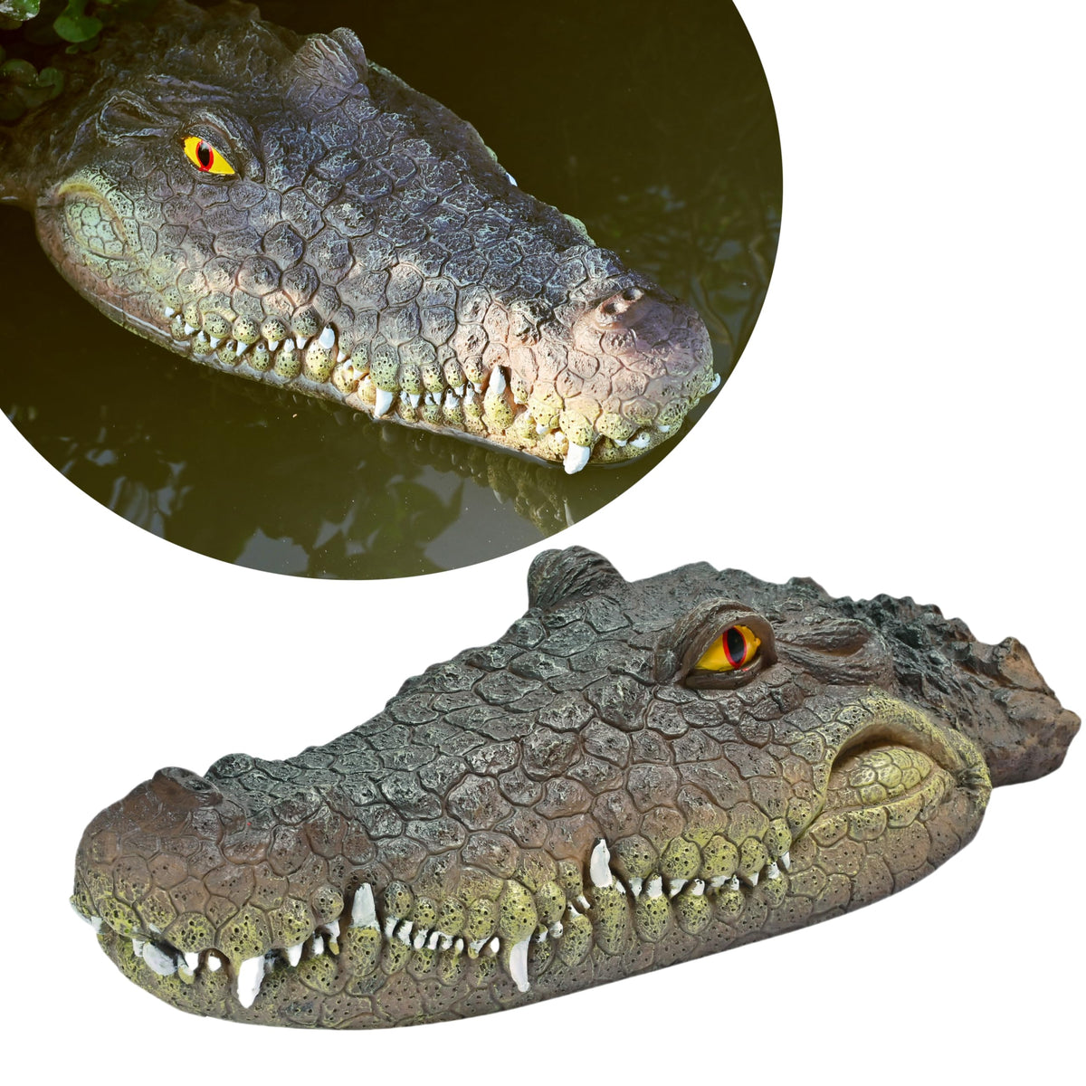 LUEUR floating alligator head decoy for ponds deters birds while enhancing outdoor decor.