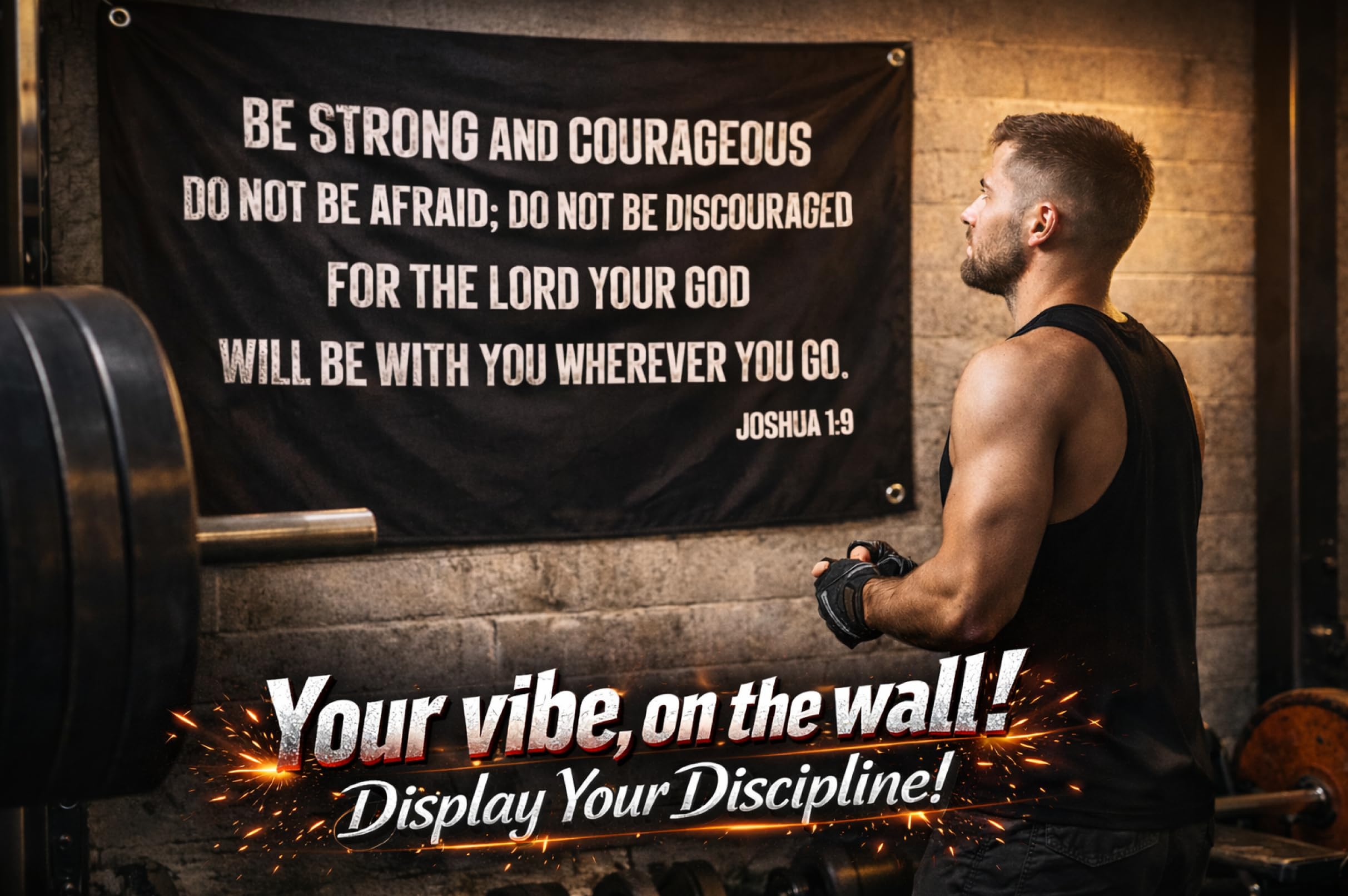 LUIVU single-sided banner showcases Be Strong and Courageous on wall.