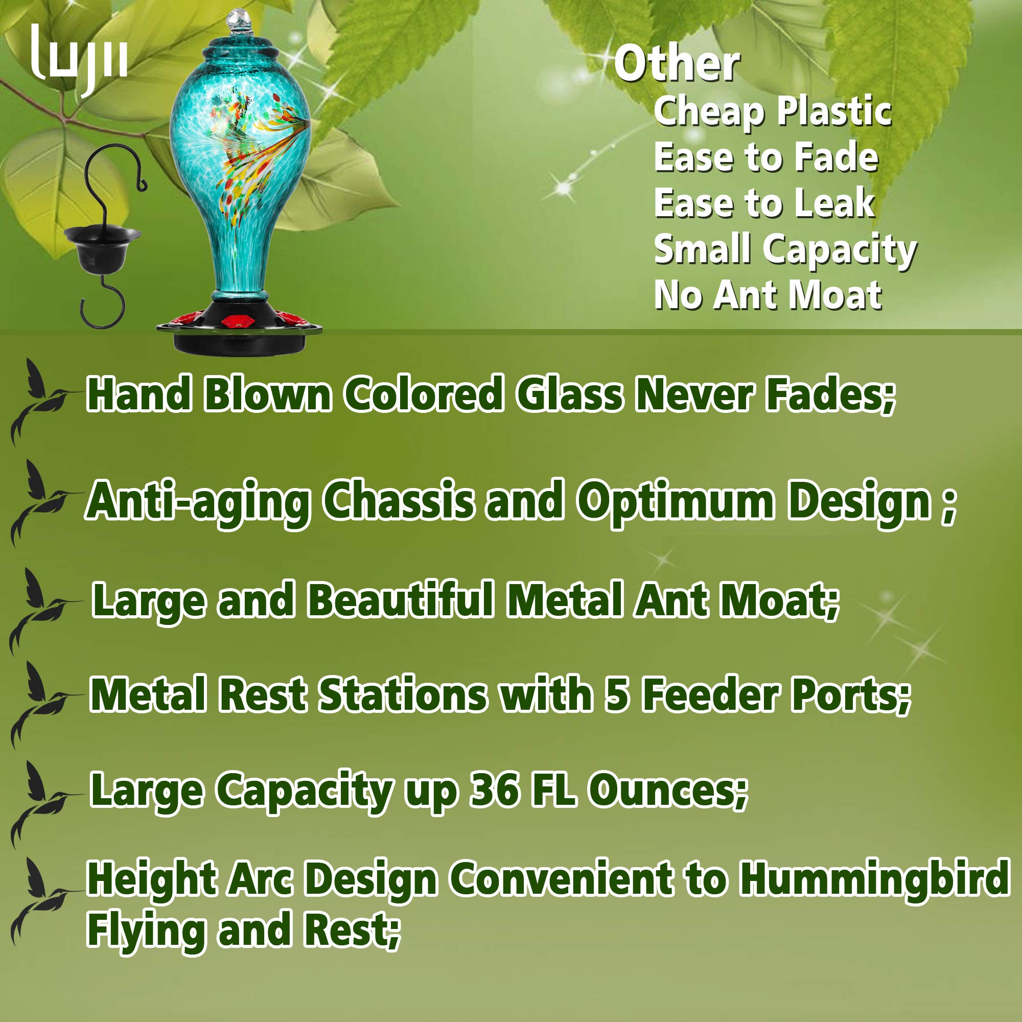 LUJII clear reservoir glass feeder showing nectar level
