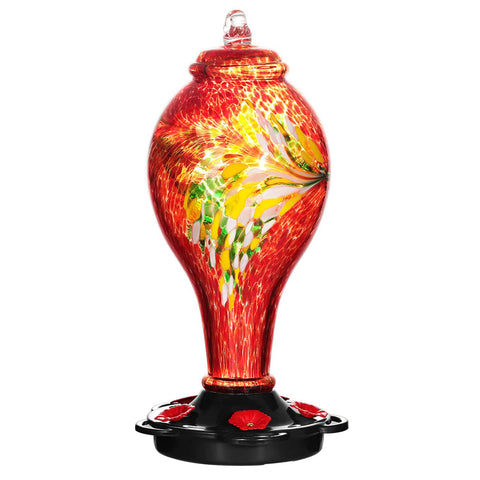 LUJII hand-blown red glass hummingbird feeder with 36 oz capacity attracts hummingbirds.