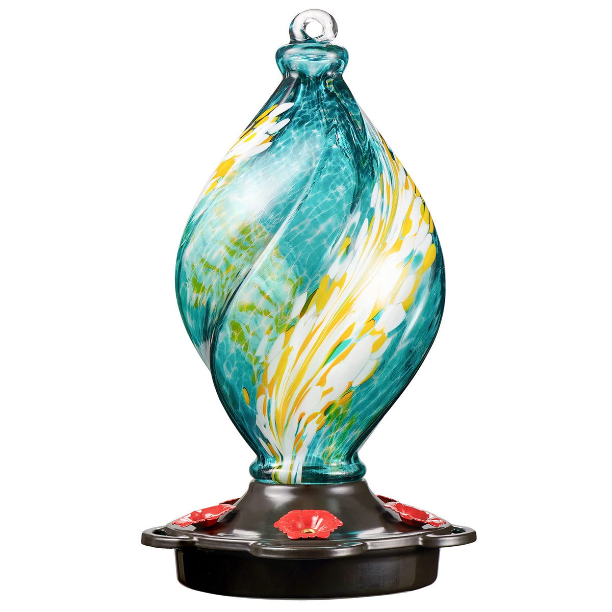 LUJII teal ice cream spiral hummingbird feeder in hand-blown glass artistry