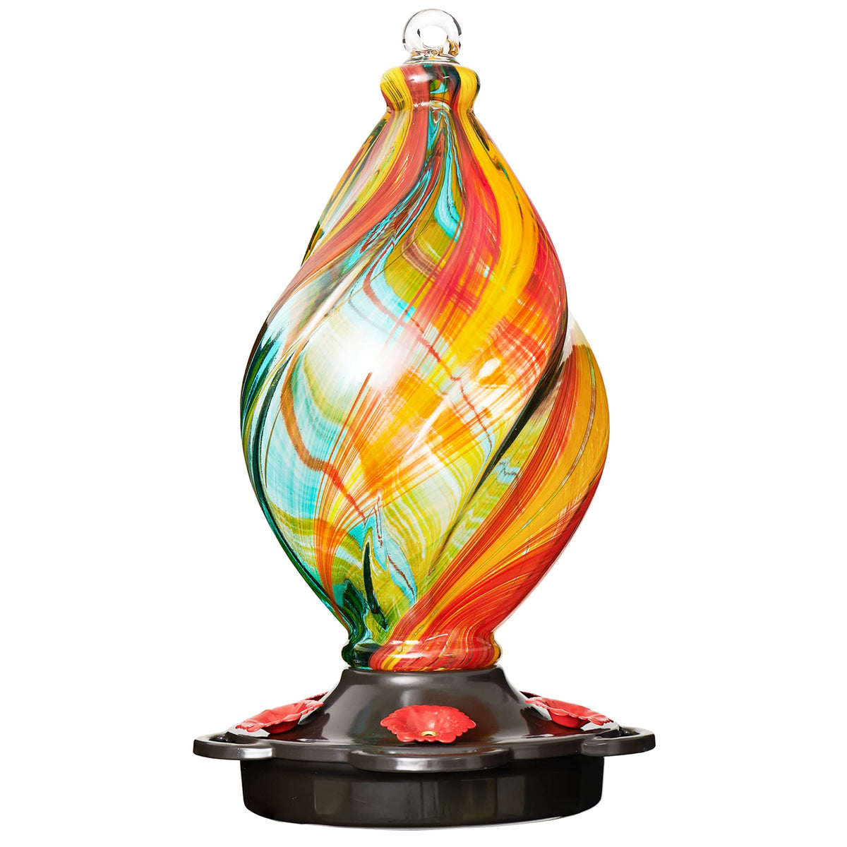 LUJII ice cream spiral hummingbird feeder shines in sun, attracting nectar-loving birds to your garden.