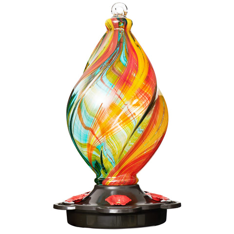 LUJII ice cream spiral hummingbird feeder shines in sun, attracting nectar-loving birds to your garden.