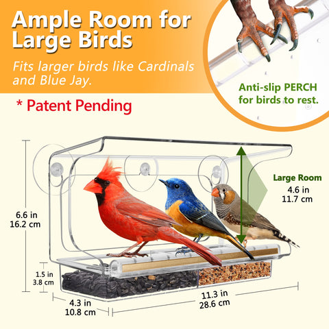 LUJII large-bird window feeder accommodates cardinals and blue jays.