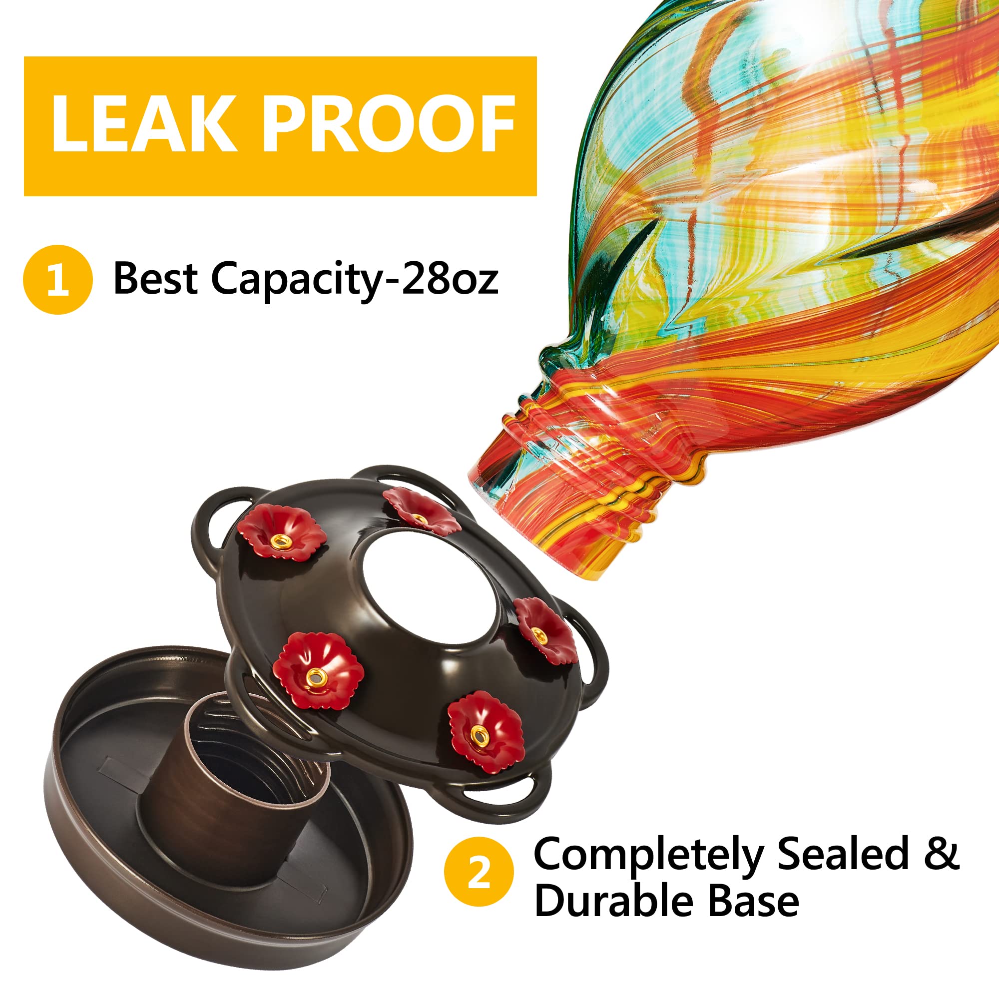 LUJII leak-proof base minimizes spills while keeping nectar clean for visiting hummingbirds.