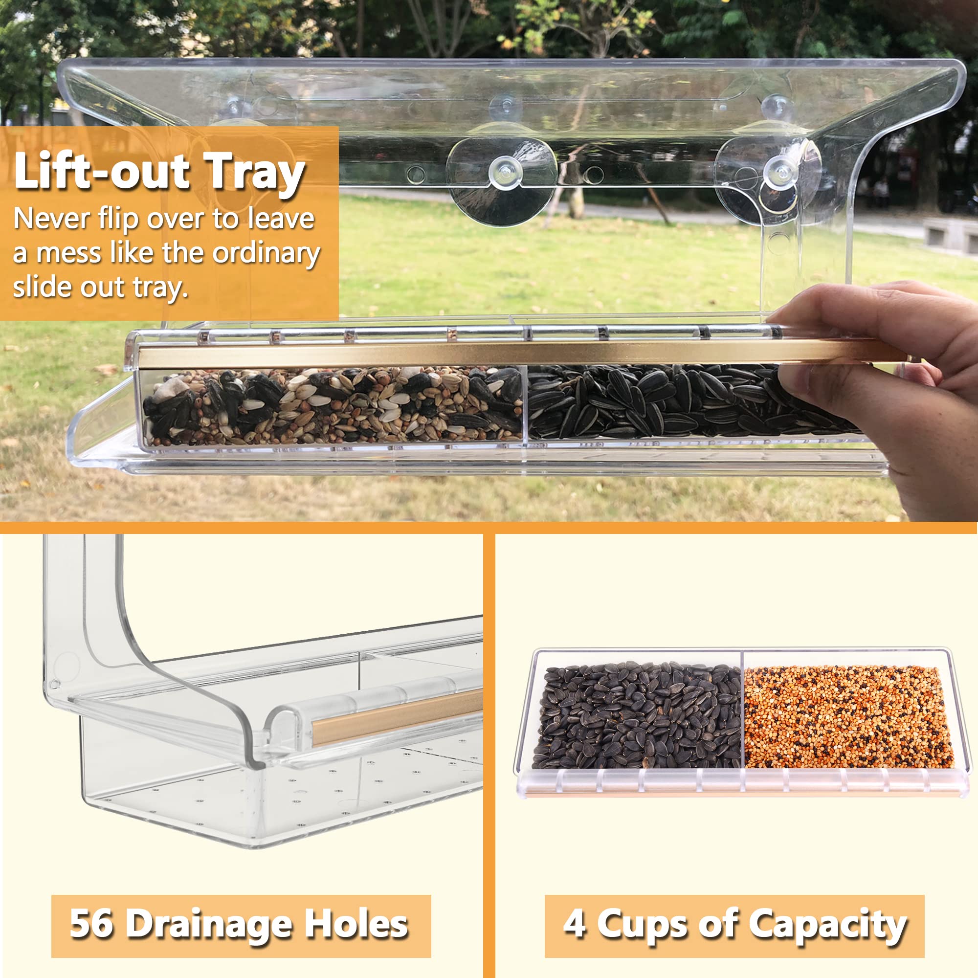 LUJII one-step install window feeder with suction cups for tool-free setup.